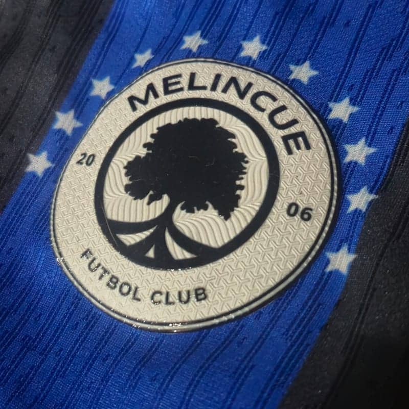 Primer plano del pecho de una camiseta azul y negra de tejido rayado en relieve, con el escudo circular de una institución aplicado en relieve y una guarda de estrellas alrededor.